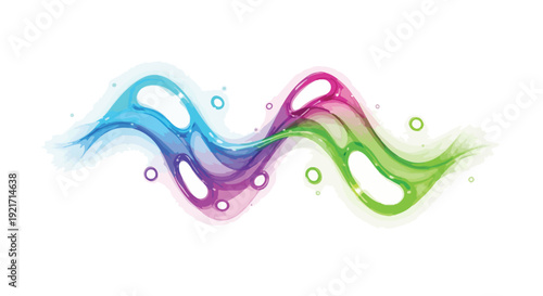 Vibrant abstract wave design with glowing colors and shimmering bubbles, representing fluid motion, digital technology, and modern energy on a clean white background.