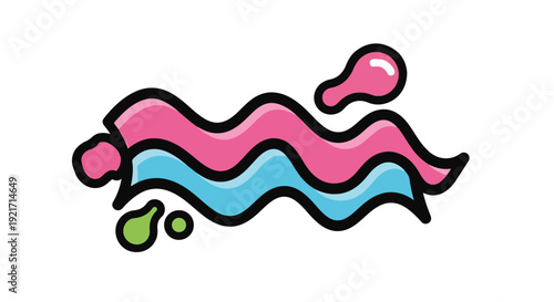 Abstract wavy liquid splash design with vibrant pink and blue colors and playful cartoon drops, perfect for modern graphic elements.