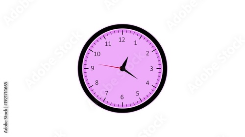 Pink Analog Clock with Black Frame and White Face Showing Approximately on a White Background. Elegant pink clock featuring black bezel and white dial, modern analog design displaying approximate