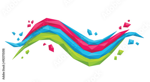 Vibrant abstract geometric wave with polygonal segments in pink, blue, and green, featuring dynamic fragmented pieces, representing modern technology and data flow.