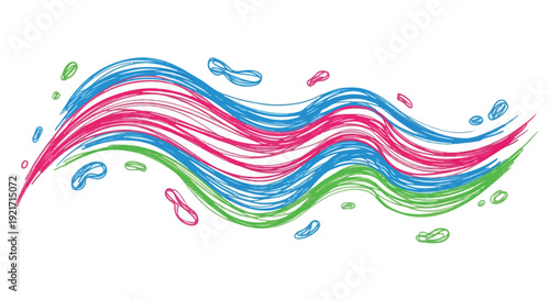 Abstract colorful wave pattern with hand-drawn brush strokes in vibrant blue, pink, and green, creating a dynamic and artistic fluid design, perfect for backgrounds.