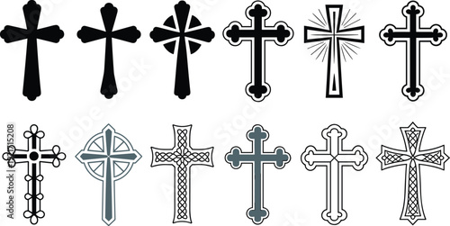 Christian cross vector set, ornate Celtic and decorative church crosses, black and white religious symbols, vintage and modern cruciform design elements collection