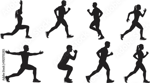 Athletic people silhouette set, men and women running and jogging, person doing squats and lunges, fitness training, active healthy lifestyle.