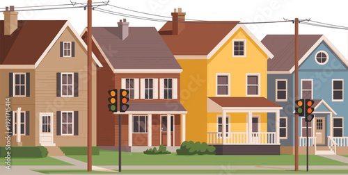 Colorful suburban neighborhood houses vector illustration with traffic lights and power lines, residential street scene for real estate, urban living concepts