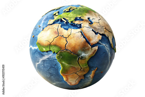 World globe with a large crack, representing the urgent issues of climate change, pollution, and planetary stress, Isolated On White Background.png