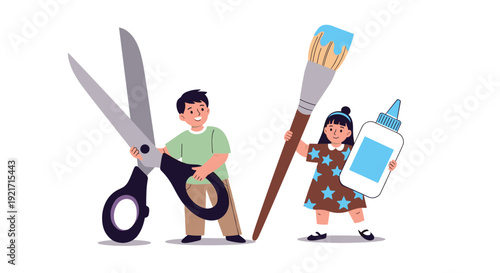 Two creative children hold giant crafting tools like scissors, a paintbrush, and a bottle of glue for their art project.