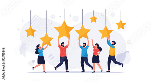 Group of happy people celebrates success by holding up large golden stars, representing high quality and top ratings.