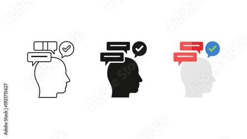 Minimalist vector illustration of business decision-making showing male and female profiles selecting options like checklist, clock, and communication bubbles for corporate use.