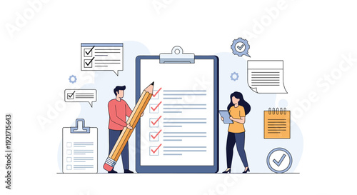 Team of people works together to complete a giant checklist using a large pencil to represent productivity and goals.