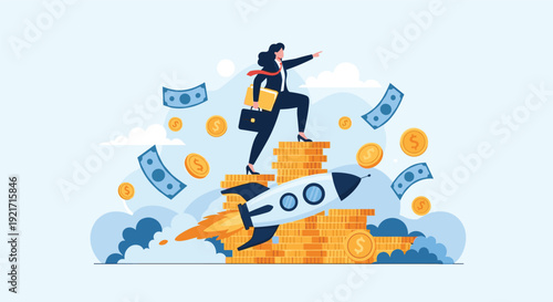 Ambitious businesswoman steps up a staircase of golden coins toward a launching rocket, symbolizing career growth.