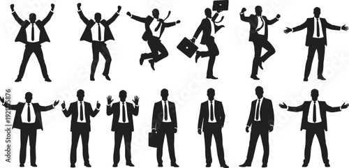 Businessman silhouette set, male professional in suit celebrating success, office worker jumping with briefcase, corporate leadership, career achievement, business growth.
