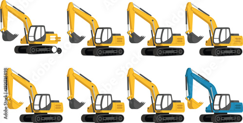 Construction excavator vector set, heavy machinery icons, yellow digger illustrations for builders, construction sites, equipment catalogs, web, print, stickers, branding, training, safety, marketing