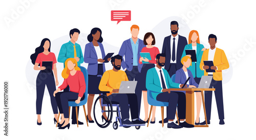 Diverse group of professional colleagues, including a man in a wheelchair, stand and sit together for a team photo.