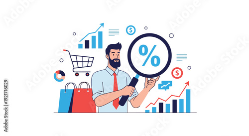 Businessman uses a large magnifying glass to analyze percentages and shopping icons to find the best discounts.