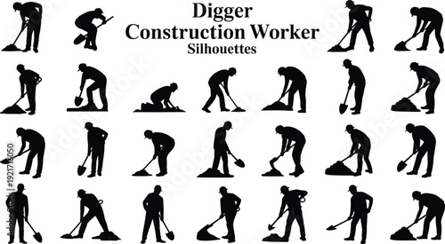 Construction worker silhouettes set, digger and laborer with shovel vector collection, manual work poses, excavation and building industry black icons