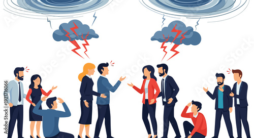Group of office workers experiences high stress and conflict represented by storm clouds and lightning bolts above.