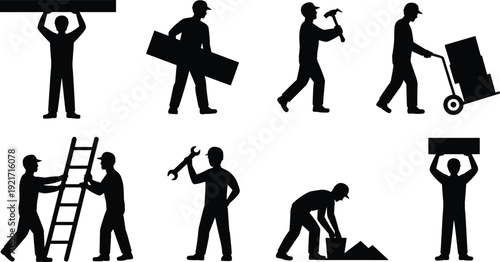 Construction worker silhouettes vector set, builders with tools, hammer and wrench icons, ladder teamwork, heavy lifting figures, industrial labor graphics, contractor silhouettes collection