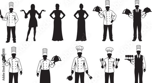 Chef silhouette set, restaurant kitchen staff, professional cook holding knife and tray, waiter serving food, hospitality worker, catering service, bakery.