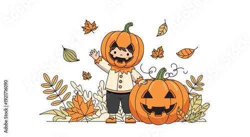 Happy young child wearing a pumpkin costume stands next to a large carved jack o lantern with falling autumn leaves.