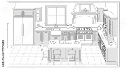 Kitchen Interior Design Blueprint Illustration.