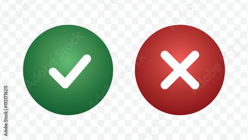 Yes and no check mark icons. Includes approval and rejection symbols. Created in flat style with green and red colors, isolated on transparent background.