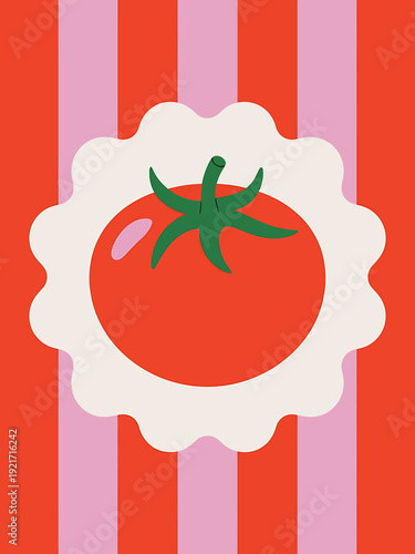 Fresh red tomato with green stem on white plate on striped background