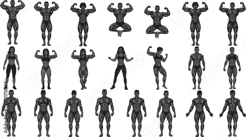 Collection of bodybuilder silhouettes with men and women posing showcasing muscles for fitness gym workout health club and athletic competition