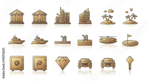 Collection of golden luxury icons representing wealth and success.