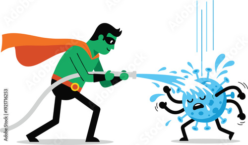 Superhero character spraying a virus with a high-pressure hose vector illustration