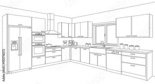 Kitchen Interior Design Blueprint Illustration.
