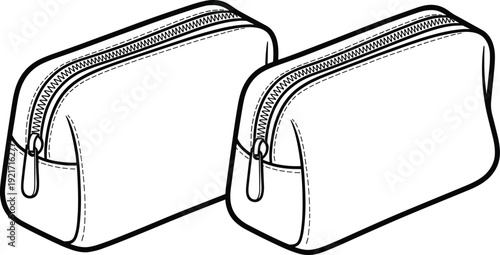 Cosmetic bag set line art vector illustration, zipper makeup pouch toiletry case outline design isolated on white