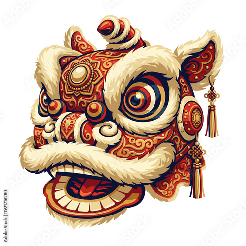 Ornate lion dance head, curled fur and spiral eye, tassel earring, rich red gold details