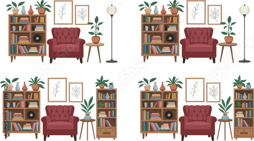 Cozy reading nook vector set, mid-century bookshelf and armchair composition, indoor plants, framed wall art, floor lamp and side table, home library decor