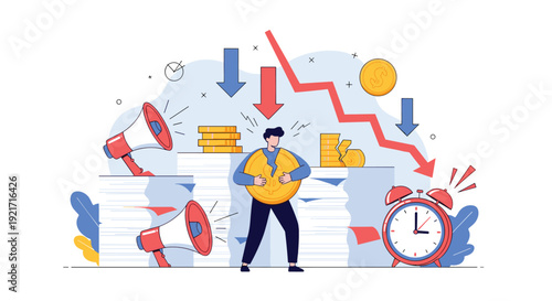 Stressed professional stands among stacks of paper and megaphones while holding a broken coin as financial markets crash around him.