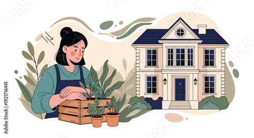 Young woman wearing an apron plants green seedlings into a wooden crate in front of a beautiful two-story suburban house in summer.