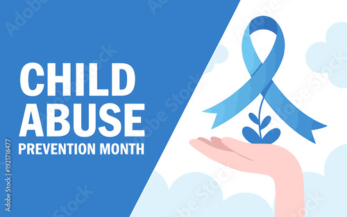 Child abuse prevention month awareness campaign with blue ribbon and hand  supporting kids