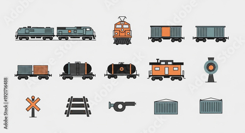 Collection of vintage and modern train illustrations and railway elements.
