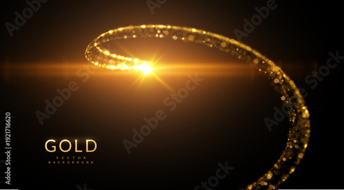 Golden spiral composed of shimmering golden light trails, fireworks, and gold confetti vibe. For holiday marketing campaigns (New Year, Christmas), wedding invitation suites, anniversary announcements