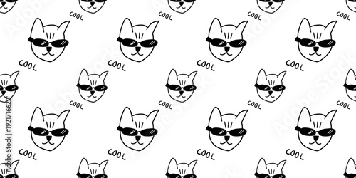 Seamless pattern with cool hand drawn cat wearing sunglasses and text, stylish swag feline character doodle background