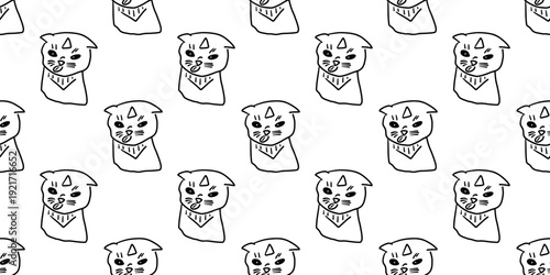 Seamless pattern with funny hand drawn cat wearing bandana with tongue out, quirky feline doodle background