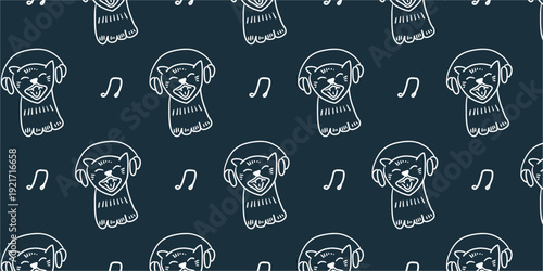 Seamless pattern with cute hand drawn cat in headphones listening to music, funny musical feline doodle on dark grey background