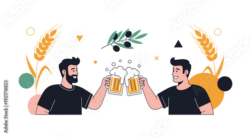 Two bearded men enjoy a friendly toast with large mugs of beer while surrounded by symbolic wheat and olive branches for a celebration.
