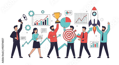 Successful business team celebrates their achievements with a trophy, target, and a rocket launch representing growth and reaching goals.