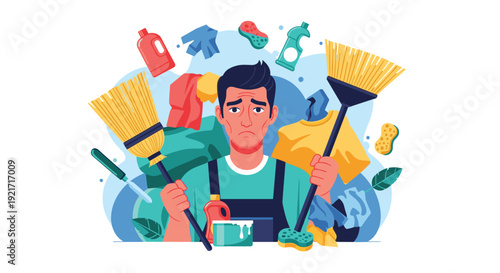 Overwhelmed man looks stressed while surrounded by various cleaning tools like brooms and detergents in a messy home environment.