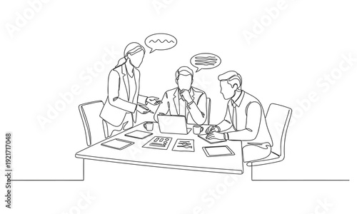 Single continuous line drawing of young workers talking seriously about company policy around the table, minimalist line art teamwork concept