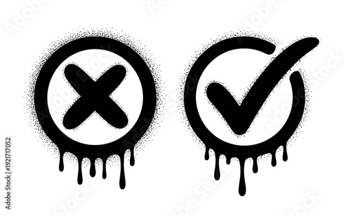 Black grunge checkmark and cross symbols in circles with drips  approval and rejection icons