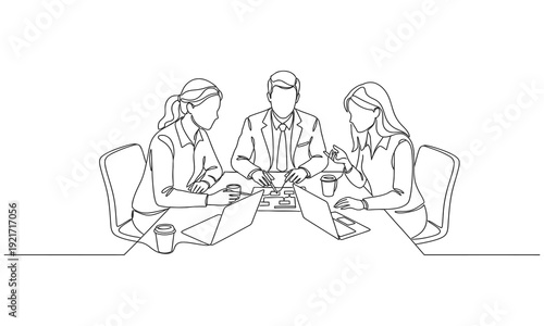 Single continuous line drawing of young workers talking seriously about company policy around the table, minimalist line art teamwork concept