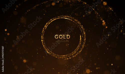 Golden circle composed of shimmering golden light trails, fireworks, and gold confetti vibe. For holiday marketing campaigns (New Year, Christmas), wedding invitation suites, anniversary announcements