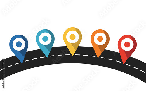 Colorful map markers on a road with white dashed lines