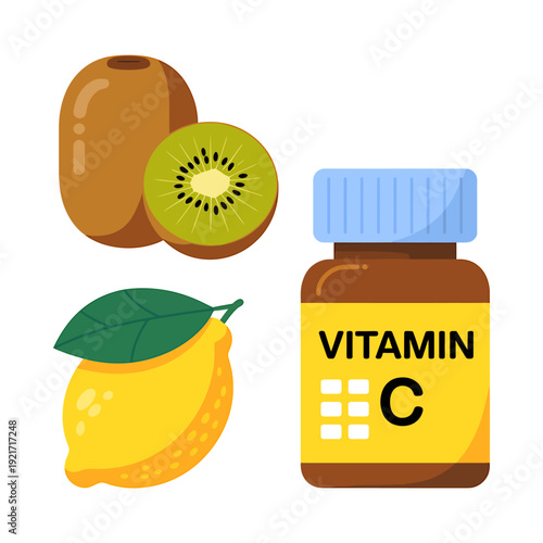Vitamin C rich foods and supplement bottle illustration